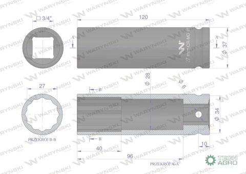 Nasadka udarowa 3/4" dwunastokątnazestali CrMo 27mm bardzo długa D120 SLIM Waryński Nasadka udarowa 3/4" dwunastokątnazestali CrMo 27mm bardzo długa D120 SLIM Waryński
