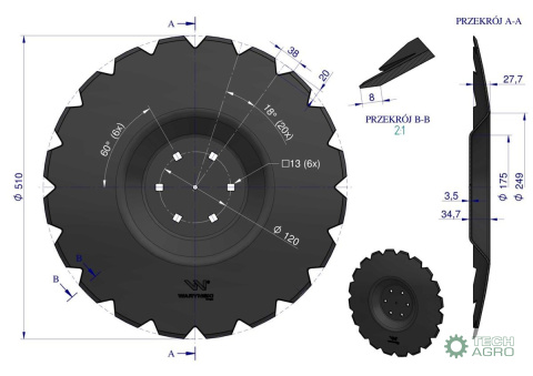 Talerz uzębiony Z-20 fi 510 mocowanie 6/120 grubość 3.5 mm przetłoczony stal borowa WARYŃSKI R Talerz uzębiony Z-20 fi 510 mocowanie 6/120 grubość 3.5 mm przetłoczony stal borowa WARYŃSKI R