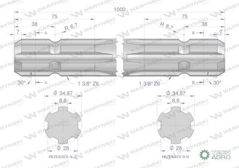 Wałek, WOM frezowany dwustronnie 1000mmZ6 - 1 3/8, Waryński Wałek, WOM frezowany dwustronnie 1000mmZ6 - 1 3/8, Waryński