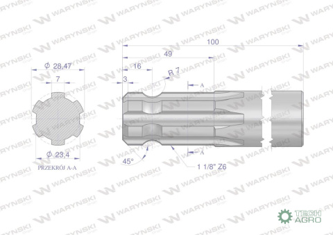 Wałek, WOM frezowany jednostronnie100mm Z6 - 1 1/8, Waryński Wałek, WOM frezowany jednostronnie100mm Z6 - 1 1/8, Waryński