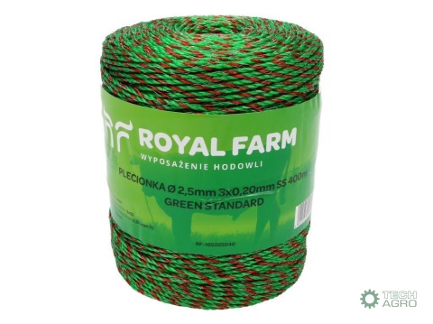 Plecionka, do elektryzatora 2,5mm,3x0,20mm SS zielono-pomarańczowa 400m, Royal Farm