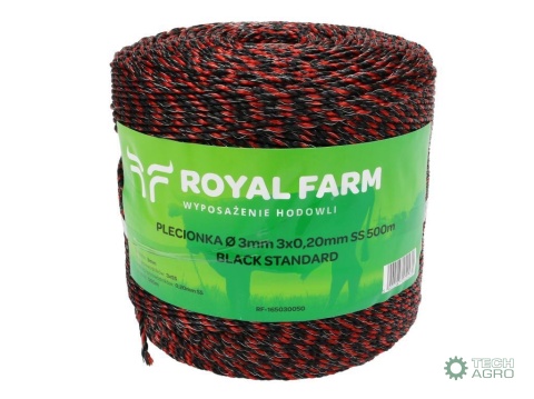 Plecionka, do elektryzatora 3mm,3x0,20mm SS czarno-pomarańczowa 500m, Royal Farm Plecionka, do elektryzatora 3mm,3x0,20mm SS czarno-pomarańczowa 500m, Royal Farm