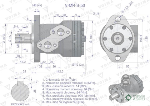 Silnik hydrauliczny orbitalny V-MR-S-S50 cm3/obr (140 bar / max.175 bar) VOIMA Silnik hydrauliczny orbitalny V-MR-S-S50 cm3/obr (140 bar / max.175 bar) VOIMA