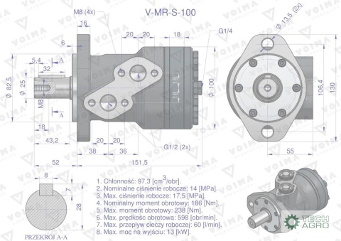 Silnik hydrauliczny orbitalny V-MR-S100 cm3/obr (175 bar / max.200 bar) VOIMA Silnik hydrauliczny orbitalny V-MR-S100 cm3/obr (175 bar / max.200 bar) VOIMA