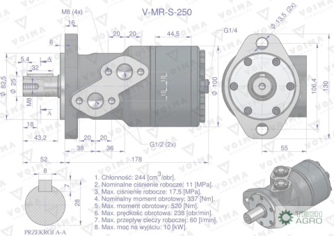 Silnik hydrauliczny orbitalny V-MR-S250 cm3/obr (175 bar / max.200 bar) VOIMA Silnik hydrauliczny orbitalny V-MR-S250 cm3/obr (175 bar / max.200 bar) VOIMA