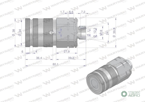 Szybkozłącze hydrauliczne suchoodcinające gniazdo M18x1.5 12L gwint zewnętrzny ISO16028 Waryński Szybkozłącze hydrauliczne suchoodcinające gniazdo M18x1.5 12L gwint zewnętrzny ISO16028 Waryński