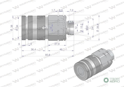 Szybkozłącze hydrauliczne suchoodcinające gniazdo M22x1.5 15L gwint zewnętrzny ISO16028 Waryński Szybkozłącze hydrauliczne suchoodcinające gniazdo M22x1.5 15L gwint zewnętrzny ISO16028 Waryński