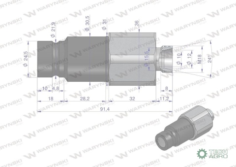 Szybkozłącze hydrauliczne suchoodcinające wtyczka M18x1.5 12L gwint zewnętrzny ISO16028 Waryński Szybkozłącze hydrauliczne suchoodcinające wtyczka M18x1.5 12L gwint zewnętrzny ISO16028 Waryński