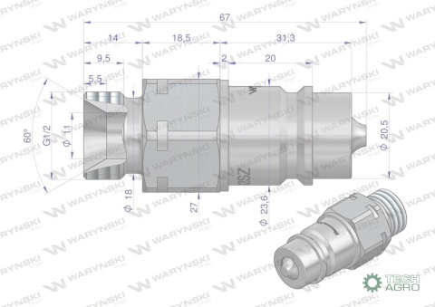 Szybkozłącze hydrauliczne wtyczka G1/2"BSP gwint zewnętrzny EURO ISO 7241-A Waryński Szybkozłącze hydrauliczne wtyczka G1/2"BSP gwint zewnętrzny EURO ISO 7241-A Waryński