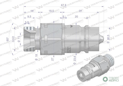 Szybkozłącze hydrauliczne wtyczka G1/2"BSP gwint zewnętrzny EURO ISO 7241-A z eliminatorem ciśnienia Waryński Szybkozłącze hydrauliczne wtyczka G1/2"BSP gwint zewnętrzny EURO ISO 7241-A z eliminatorem ciśnienia Waryński