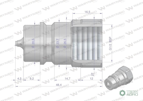 Szybkozłącze hydrauliczne wtyczka z eliminatorem ciśnienia G1/2"BSP gwint wew. ISO 7241-A Waryński Szybkozłącze hydrauliczne wtyczka z eliminatorem ciśnienia G1/2"BSP gwint wew. ISO 7241-A Waryński