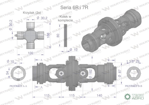Przegub szerokokątny kpl. wału Seria 6R 7R na rurę 54X4 - 1 3/8 Z6 WARYŃSKI Przegub szerokokątny kpl. wału Seria 6R 7R na rurę 54X4 - 1 3/8 Z6 WARYŃSKI