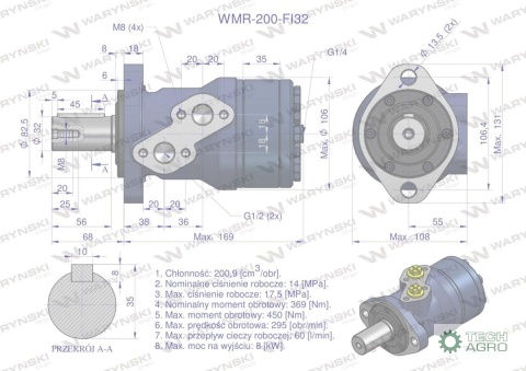 Silnik hydrauliczny orbitalny WMR 200 cm3/obr z wałkiem fi 32mm (140 bar / max.200 bar) Waryński Silnik hydrauliczny orbitalny WMR 200 cm3/obr z wałkiem fi 32mm (140 bar / max.200 bar) Waryński
