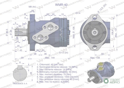 Silnik hydrauliczny orbitalny WMR 40 cm3/obr (100 bar / max.200 bar) Waryński Silnik hydrauliczny orbitalny WMR 40 cm3/obr (100 bar / max.200 bar) Waryński