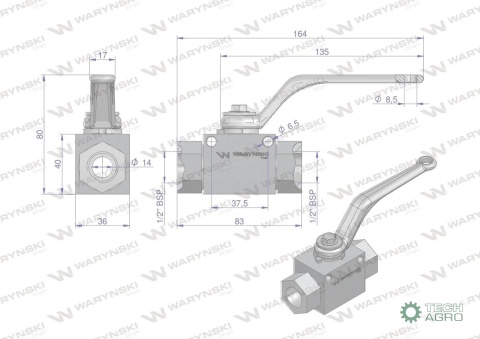 Zawór kulowy hydrauliczny 2-drogowy 2/2 - 1/2"BSP z otworami mocującymi 500 bar Waryński Zawór kulowy hydrauliczny 2-drogowy 2/2 - 1/2"BSP z otworami mocującymi 500 bar Waryński