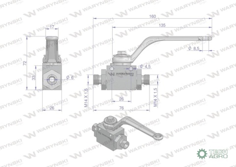 Zawór kulowy hydrauliczny 2-drogowy 2/2 M14x1.5 08L z otworami mocującymi 500 bar Waryński Zawór kulowy hydrauliczny 2-drogowy 2/2 M14x1.5 08L z otworami mocującymi 500 bar Waryński
