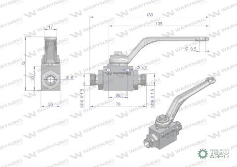 Zawór kulowy hydrauliczny 2-drogowy 2/2 M16x1.5 10L z otworami mocującymi 500 bar Waryński Zawór kulowy hydrauliczny 2-drogowy 2/2 M16x1.5 10L z otworami mocującymi 500 bar Waryński