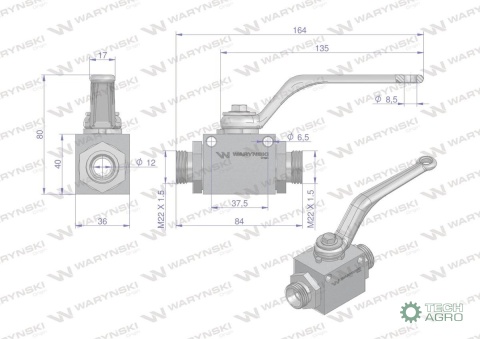 Zawór kulowy hydrauliczny 2-drogowy 2/2 M22x1.5 15L z otworami mocującymi 500 bar Waryński Zawór kulowy hydrauliczny 2-drogowy 2/2 M22x1.5 15L z otworami mocującymi 500 bar Waryński