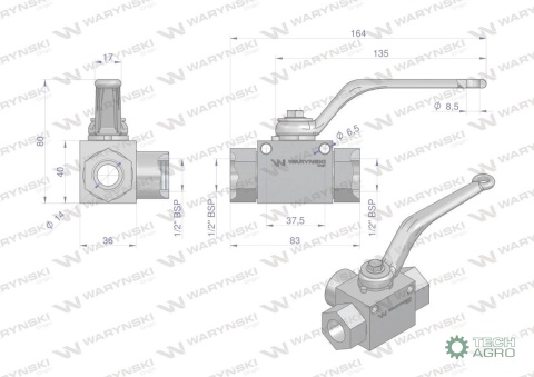 Zawór kulowy hydrauliczny 3-drogowy 3/2 - 1/2"BSP z otworami mocującymi 500 bar Waryński Zawór kulowy hydrauliczny 3-drogowy 3/2 - 1/2"BSP z otworami mocującymi 500 bar Waryński