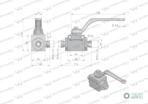 Zawór kulowy hydrauliczny 3-drogowy 3/2 M16x1.5 10L z otworami mocującymi 500 bar Waryński Zawór kulowy hydrauliczny 3-drogowy 3/2 M16x1.5 10L z otworami mocującymi 500 bar Waryński