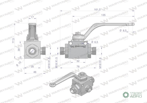Zawór kulowy hydrauliczny 3-drogowy 3/2 M18x1.5 12L z otworami mocującymi 500 bar Waryński Zawór kulowy hydrauliczny 3-drogowy 3/2 M18x1.5 12L z otworami mocującymi 500 bar Waryński