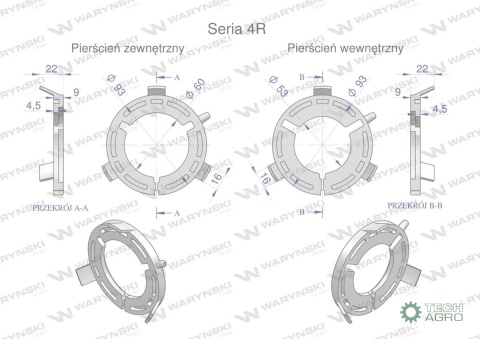Plastikowe łożyska do obudowy wału zestaw 93x53mm i 93x60mm Seria 4R Waryński Plastikowe łożyska do obudowy wału zestaw 93x53mm i 93x60mm Seria 4R Waryński