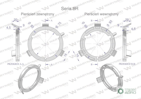 Plastikowe łożyska do obudowy wału zestaw 93x69mm i 93x75mm Seria 8R Waryński Plastikowe łożyska do obudowy wału zestaw 93x69mm i 93x75mm Seria 8R Waryński