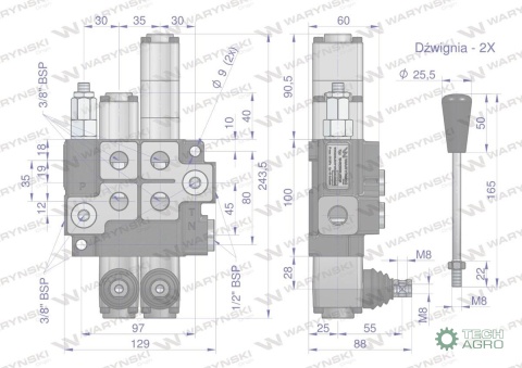 Rozdzielacz hydrauliczny 2-sekcyjny maxprzepływ 40L 1-sekcja pływająca Waryński
