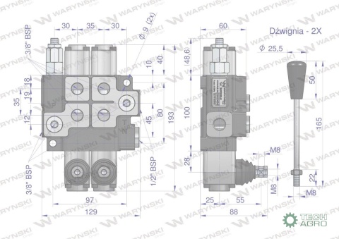Rozdzielacz hydrauliczny 2-sekcyjny maxprzepływ 40L Waryński