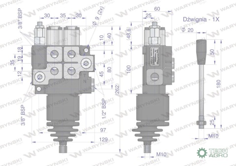 Rozdzielacz hydrauliczny 2-sekcyjny maxprzepływ 40L z joystickiem Waryński