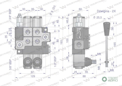 Rozdzielacz hydrauliczny 2-sekcyjny maxprzepływ 40L z zatrzaskami Waryński