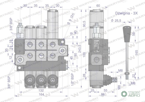 Rozdzielacz hydrauliczny 3-sekcyjny maxprzepływ 40L 1-sekcja pływająca Waryński