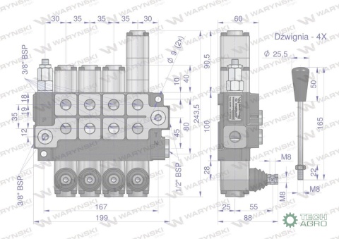 Rozdzielacz hydrauliczny 4-sekcyjny maxprzepływ 40L (1-sekcja pływająca) Waryński