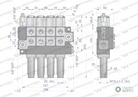 Rozdzielacz hydrauliczny 4-sekcyjny maxprzepływ 40L sterowany linkami Waryński