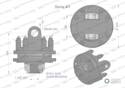 Sprzęgło cierne 2 tarczowe wału Seria 4R 900Nm - 27x82 - 1 3/8 Z21 WARYŃSKI Sprzęgło cierne 2 tarczowe wału Seria 4R 900Nm - 27x82 - 1 3/8 Z21 WARYŃSKI