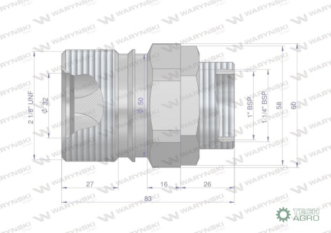 Szybkozłącze hydrauliczne skręcane (motylkowe) gniazdo G1"BSP gwint wewnętrzny 250bar Waryński
