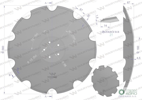 Talerz, uzębiony Z-10 fi 560 mocowanie5/98 grubość 4,5 mm stal borowa prosta piasta, Waryński Talerz, uzębiony Z-10 fi 560 mocowanie5/98 grubość 4,5 mm stal borowa prosta piasta, Waryński