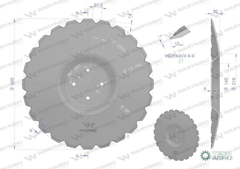 Talerz, uzębiony Z-24 fi 460 mocowanie4/98 grubość 3,5 mm przetłoczony stal borowa, Unia Ares 1680130040, Waryński Talerz, uzębiony Z-24 fi 460 mocowanie4/98 grubość 3,5 mm przetłoczony stal borowa, Unia Ares 1680130040, Waryński