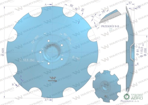 Talerz, uzębiony Z-8 fi 620 mocowanie5/160 grubość 6 mm stal borowa, Lemken Rubin 3490467, Waryński Talerz, uzębiony Z-8 fi 620 mocowanie5/160 grubość 6 mm stal borowa, Lemken Rubin 3490467, Waryński