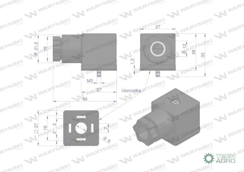 Wtyczka elektryczna (czarna) 12V 24V (SP666) do zasilania cewek elektromagnetycznych z uszczelką Waryński