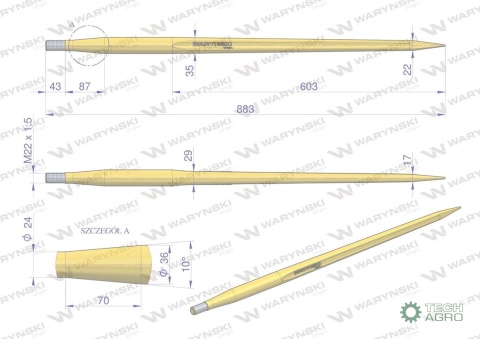 Ząb ładowacza uniwersalny prosty L- 880mm na tuleję od zębów prostych Tur WARYŃSKI Ząb ładowacza uniwersalny prosty L- 880mm na tuleję od zębów prostych Tur WARYŃSKI