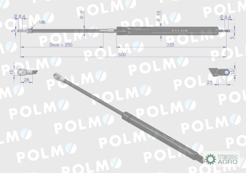 Siłownik szyby tylnej. Szyberdachu L max. 600mm 0308250110P BELARUS MTZ POLMO