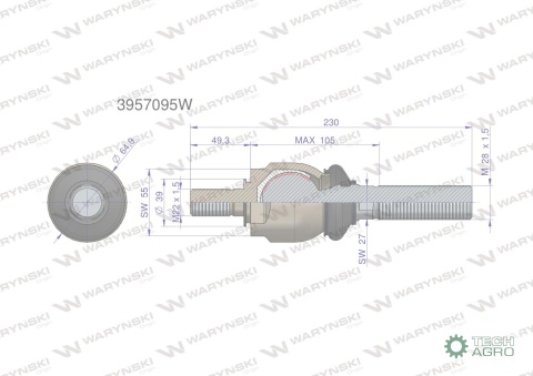 Przegub kierowniczy 230mm- M22x1.5; M28x1.5 3957095 WARYŃSKI