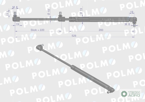 Siłownik L max. 526mm 4274843M1P MASSEYFERGUSON POLMO