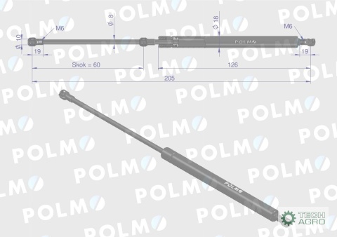 Siłownik drzwi L max. 205mm 47335077P CASE IH NEW HOLLAND STEYR POLMO