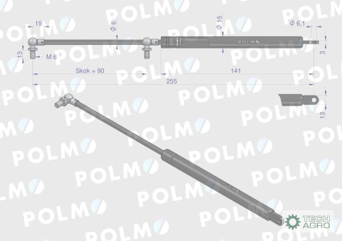 Siłownik szyba tylna, Szyberdach L max.255mm 4316668P DEUTZ POLMO
