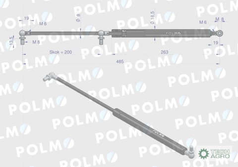 Siłownik szyby przedniej tylnej drzwi Lmax. 485mm 3804759M1P MASSEY FERGUSON POLMO