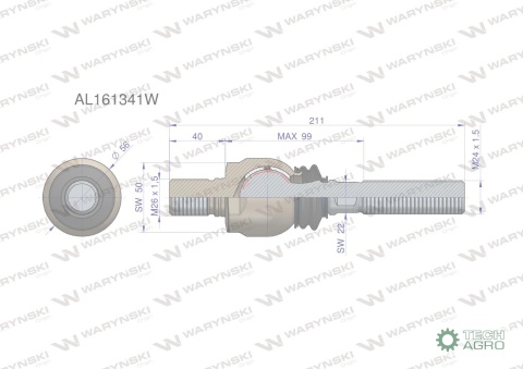 Przegub kierowniczy 211mm - M26x1,5 ; M24x1,5 AL161341 WARYŃSKI