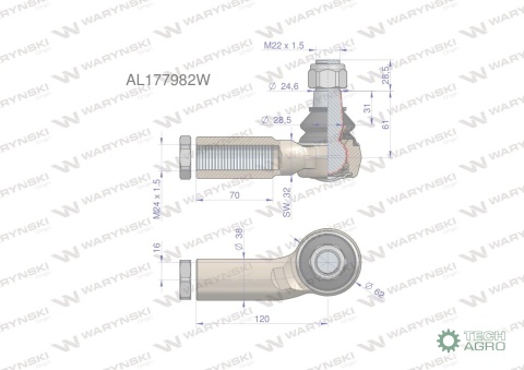 Przegub kierowniczy prawy 120mm - M24x1,5 AL177982 WARYŃSKI