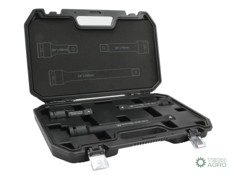 Zestaw przedłużek do nasadek udarowych,3/4 cala 100 150 i 250 mm z utwardzanej stali stopowej CrMo 3 el., do prac w mechanice po